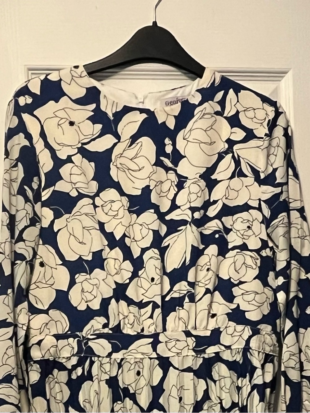 Long-Sleeve Navy Floral Midi Dress